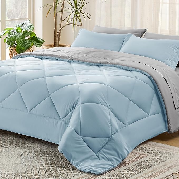 Bedsure Sky Blue Queen Comforter Set - 7 Pieces Reversible Queen Bed in a Bag Queen Bed Set with Comforters, Sheets, Pillowcases & Shams, Queen Bedding Sets