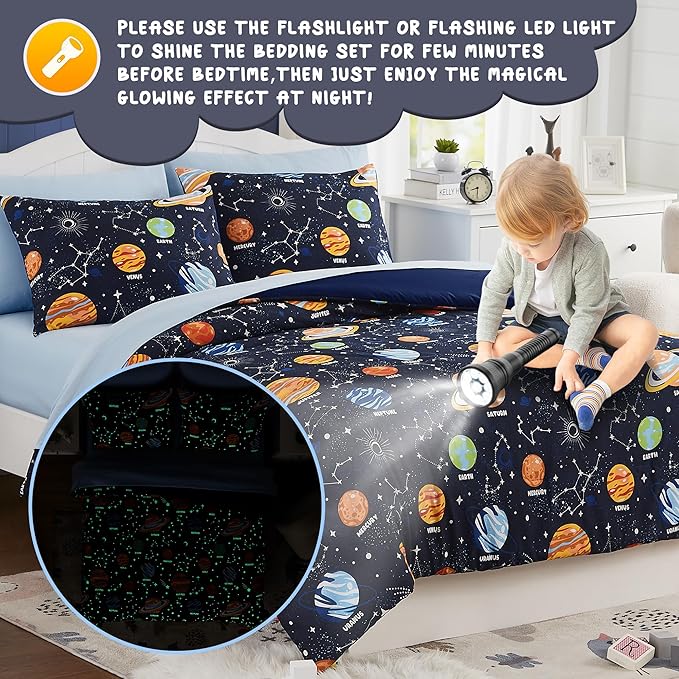 Full Size Comforter Sets - Bedding Sets Full 7 Pieces, Glow in The Dark Bed in A Bag Full, Lightweight Space Bedding Sets for Kids, Teens