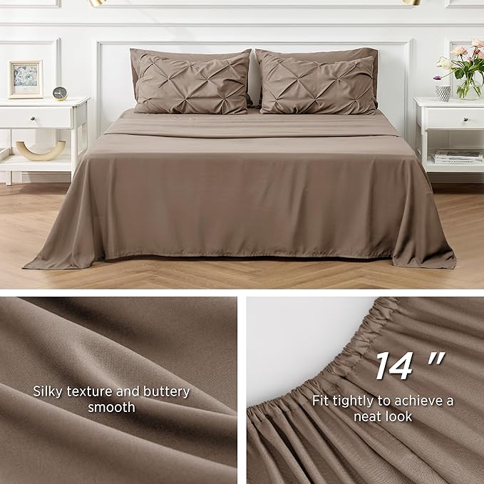 Bedsure King Size Comforter Set - Bedding Set King 7 Pieces, Pintuck Bed in a Bag Brown Bed Set with Comforter, Sheets, Pillowcases & Shams