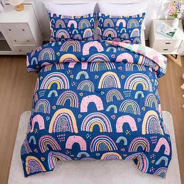 Btargot Lightweight Soft 3 Piece Rainbow Comforter Set with 2 Pillow Covers, Cartoon Love Hearts Suns and Stars Bedding Set for Girls Boys Kids, Twin Dark Blue