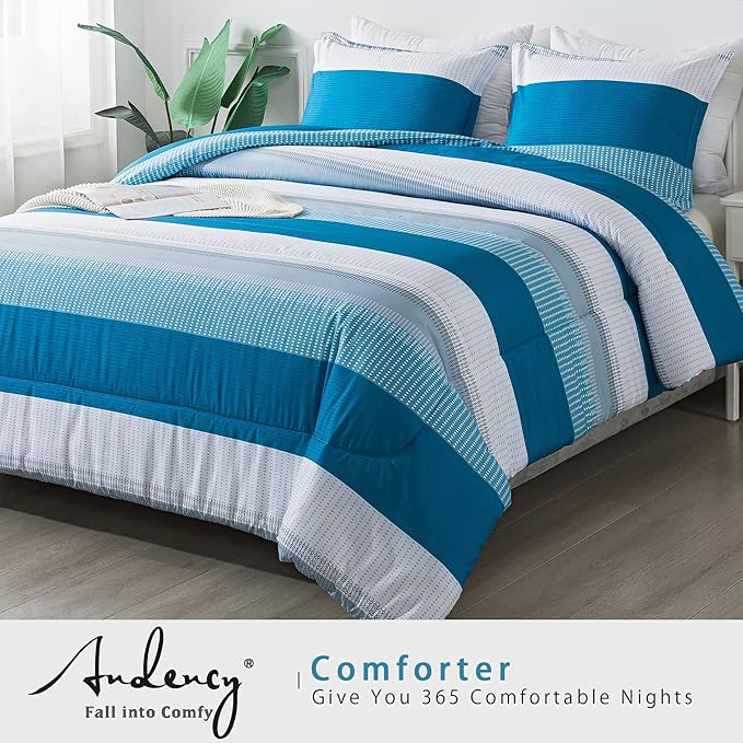 Andency Stripe Comforter Set Twin Size (66x90 Inch), 2 Pieces Teal Patchwork Striped Comforter, Soft Microfiber Down Alternative Comforter Bedding Set with Corner Loops