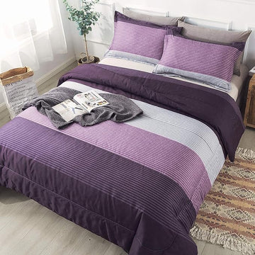 Andency Stripe Comforter Set Full Size (79x90 Inch), 3 Pieces Purple and Gray Patchwork Striped Comforter, Soft Microfiber Down Alternative Comforter Bedding Set with Corner Loops