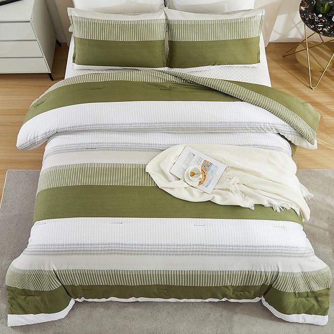 Litanika Olive Green Comforter Set King - 3 Pieces Lightweight Olive Green White Colorblock Stripe Fluffy Bedding Comforter Sets, All Season Bed Set