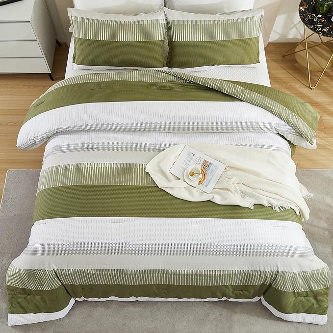 Litanika Olive Green Comforter Set Full - 3 Pieces Lightweight Olive Green White Colorblock Stripe Fluffy Bedding Comforter Sets, All Season Bed Set