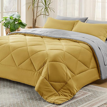 Bedsure Mustard Yellow Full Size Comforter Set - 7 Pieces Reversible Full Bed in a Bag, Full Bed Set Mustard Yellow and Grey with Comforters, Sheets, Pillowcases & Shams