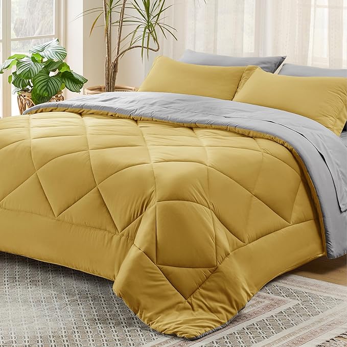 Bedsure Mustard Yellow Full Size Comforter Set - 7 Pieces Reversible Full Bed in a Bag, Full Bed Set Mustard Yellow and Grey with Comforters, Sheets, Pillowcases & Shams