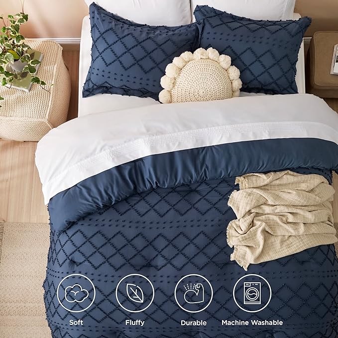 Bedsure King Size Comforter Set - Navy Blue Comforter, Boho Tufted Shabby Chic Bedding Comforter Set, 3 Pieces Farmhouse Bed Set for All Seasons, Fluffy Soft Bedding Set with 2 Pillow Shams