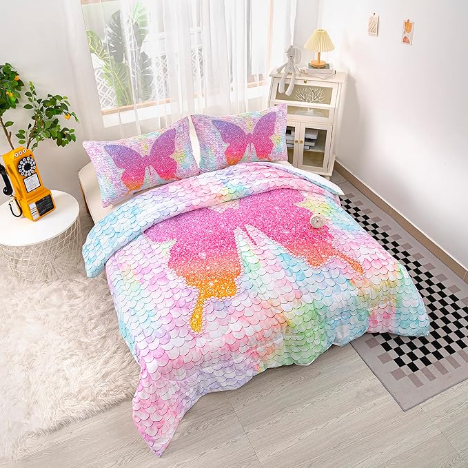 CVHOUSE Butterfly Bedding Set,Butterfly Comforter Queen,Butterfly Comforter Set for Girls Kids Teens,Butterflies Quilt Set with 1 Comforter and 2 Pillow Cases- 3 Piece