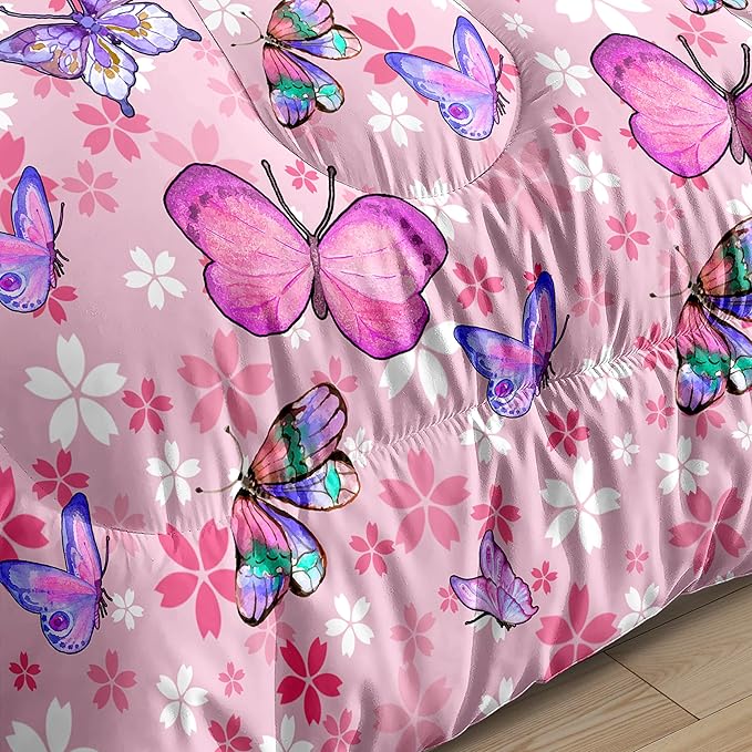 Kids Butterfly Comforter Set - Butterfly Full Bedding Set Pink Butterflies Prints Bedding Set for Girls Room Cute Princess Bedding Sets for All Season Butterfly Bed Set, 1 Comforter + 2 Pillowcases