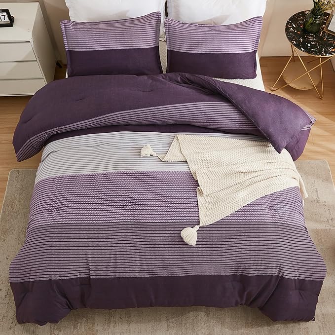 Litanika California King Comforter Set Purple - 3 Pieces Cal King Oversized Lightweight Purple White Colorblock Stripe Bedding Set (104x96In, 2 Pillowcases)