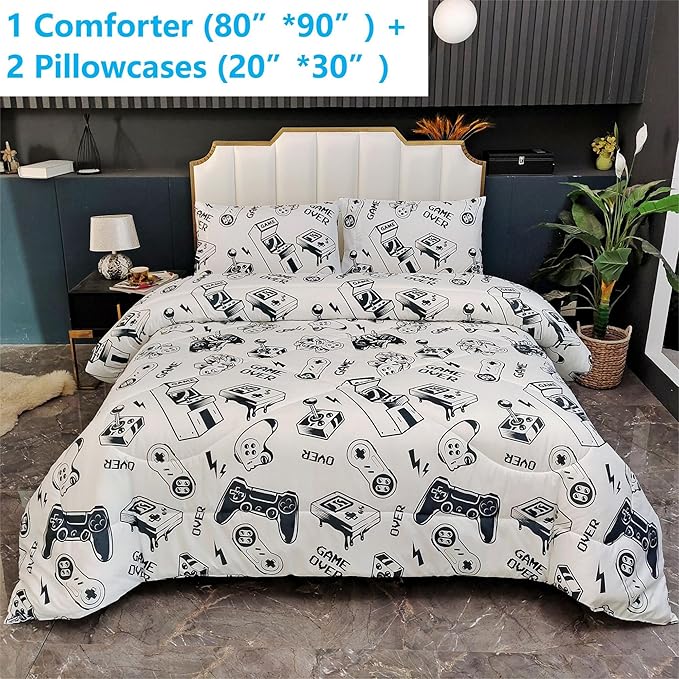 3PCS White Gamer Comforter Set Full for Boys Girls Teens and Kids, Soft Microfiber Cute Comforter Full Size, Bed in a Bag Full Cozy House Collection, Hotel Luxury and Lightweight, Full
