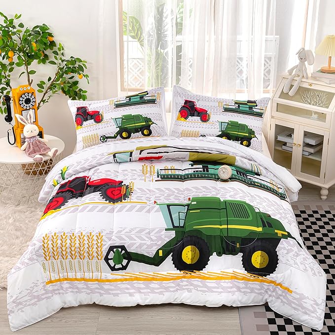 CVHOUSE Tractor Bedding Sets for Boys,Excavators Comforter Queen,Boys Cartoon Truck Comforter Set,Trucks Tractors Cars Quilt Set with 1 Comforter and 2 Pillow Cases- 3 Piece