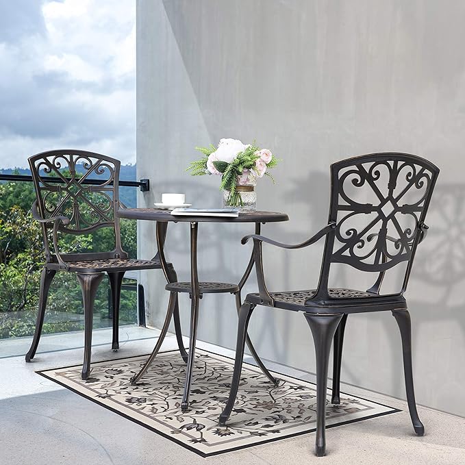 NUU GARDEN Bistro Set 3 Piece Outdoor All Weather Cast Aluminum Patio Bistro Set Patio Table and Chairs Set of 2 with Umbrella Hole for Backyard, Balcony, Front Porch, Lawn, Pool, Bronzer