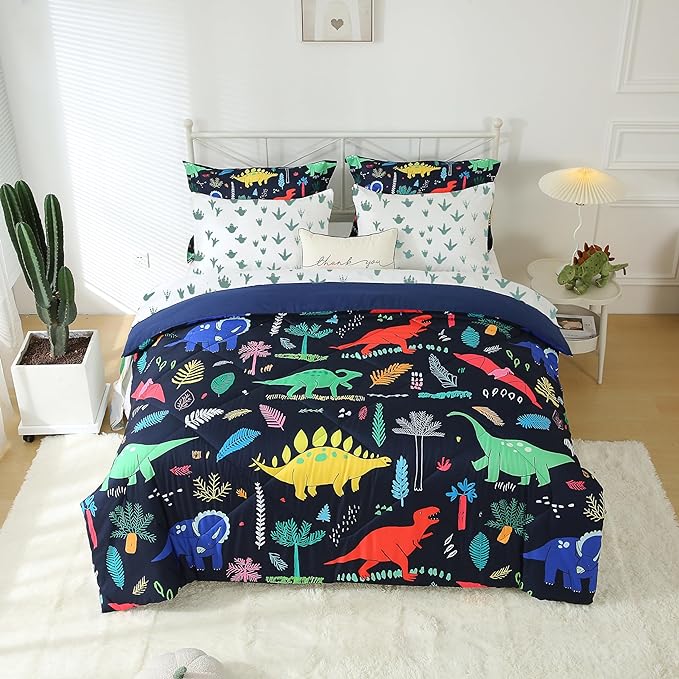 7 Piece Dinosaur Bedding Set Queen Size for Kids Boys Teens Cartoon Blue Dino Comforter Set with Sheet Colorful 3D Print Bed in a Bag
