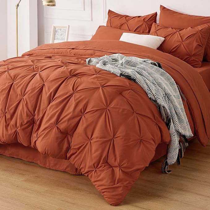 Bedsure King Size Comforter Set - Bedding Set King 7 Pieces, Pintuck Bed in a Bag Burnt Orange Bed Set with Comforter, Sheets, Pillowcases & Shams