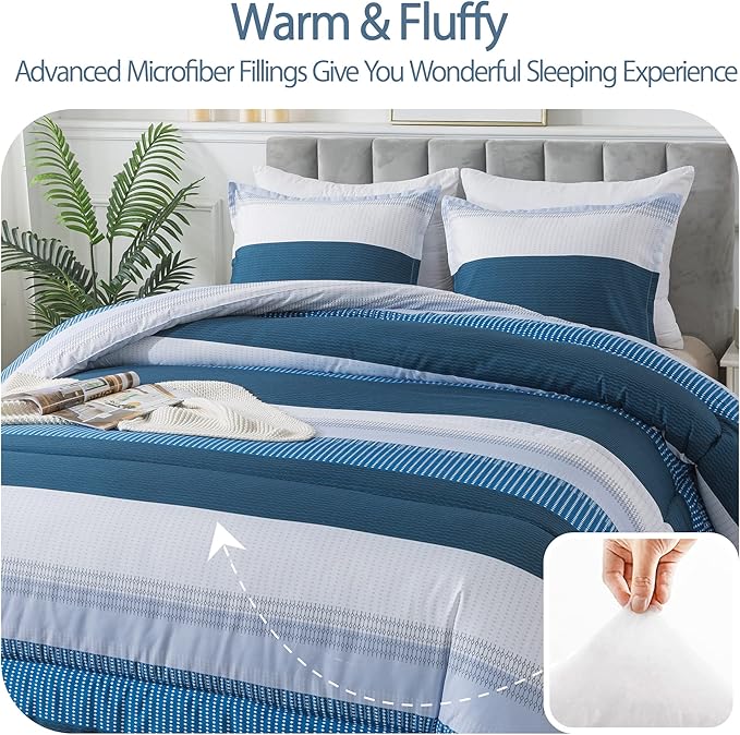 Andency Stripe Comforter Set King Size (104x90 Inch), 3 Pieces Navy Patchwork Striped Comforter, Soft Microfiber Down Alternative Comforter Bedding Set with Corner Loops