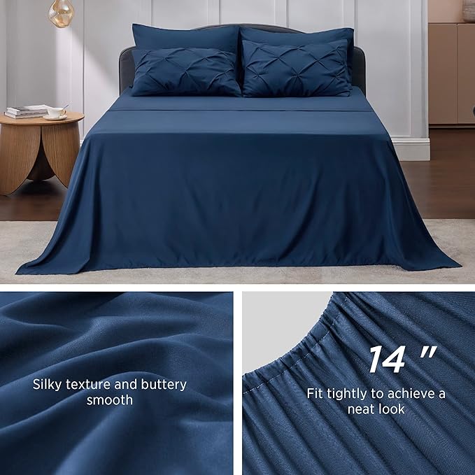 Bedsure King Size Comforter Set - Bedding Set King 7 Pieces, Pintuck Bed in a Bag Navy Blue Bed Set with Comforter, Sheets, Pillowcases & Shams