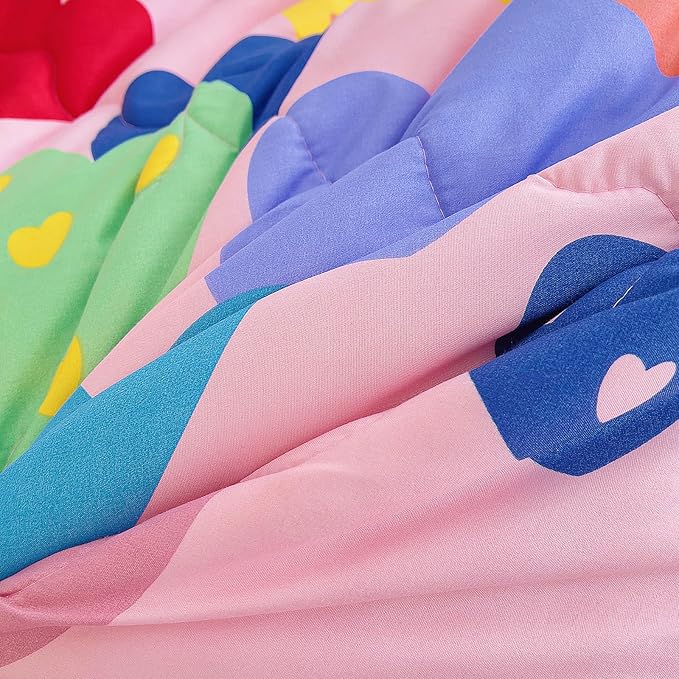7 Piece Kids Pink Heart Bedding Sets Twin Comforter Set with Sheets - Colourful Reversible Heart Shaped Cute Bedding for Girls Kids - Love Quilt Bed in a Bag All Season