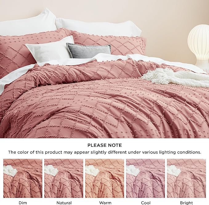 Bedsure King Size Comforter Set - Pink Clay Boho Comforter, Tufted Shabby Chic Bedding Comforter Set, 3 Pieces Vintage Farmhouse Bed Set for All Seasons, Fluffy Soft Bedding Set with 2 Pillow Shams