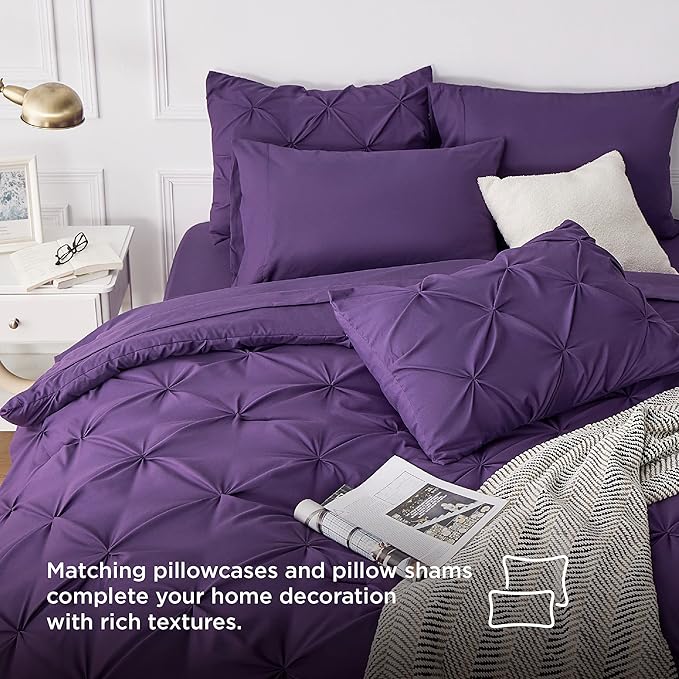Bedsure Purple Comforter Set Queen - Bed in a Bag Queen 7 Pieces, Pintuck Bedding Sets Purple Bed Set with Comforter, Sheets, Pillowcases & Shams