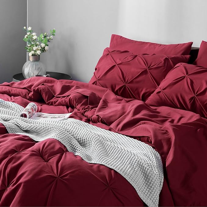 Bedsure Twin XL Comforter Set with Sheets - 5 Pieces Twin XL Bedding Sets for College, Pinch Pleat Burgundy Bed in a Bag with Comforter, Sheets, Pillowcase & Sham