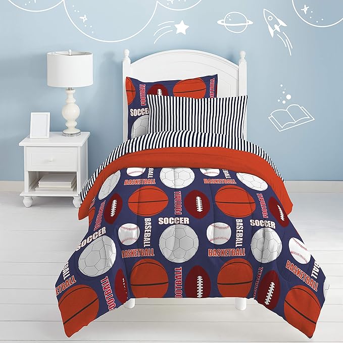 dream FACTORY Kids 5-Piece Complete Set Easy-Wash Super Soft Microfiber Comforter Bedding, Twin, Age range (3 to 10 Years), Navy All Sports