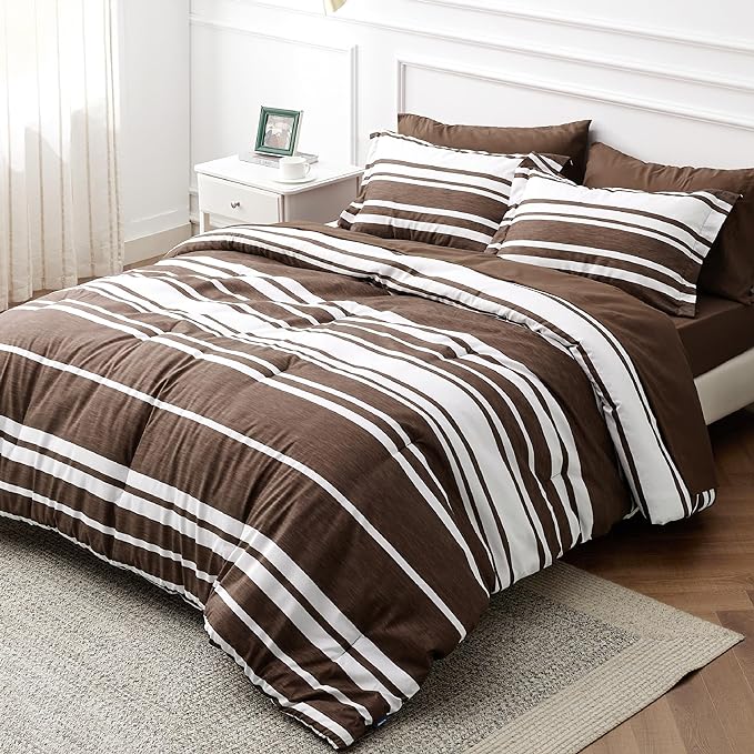 Bedsure Bed in a Bag Queen Size 7-Piece Brown White Striped Bedding Comforter Sets All Season Bed Set, 2 Pillow Shams, Flat Sheet, Fitted Sheet and 2 Pillowcases