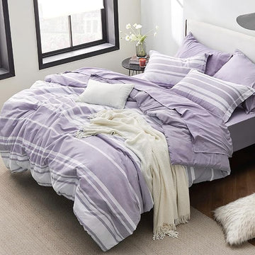 Bedsure Bed in a Bag Twin Size 5 Pieces, Purple White Striped Bedding Comforter Sets All Season Bed Set with 1 Pillow Sham, Flat Sheet, Fitted Sheet and 1 Pillowcase