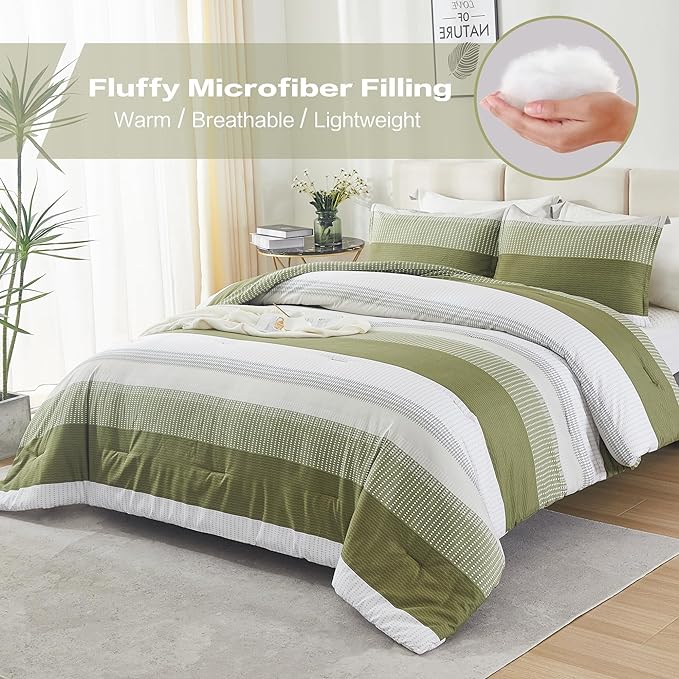 Litanika Olive Green Comforter Set Queen - 3 Pieces Lightweight Olive Green White Colorblock Stripe Fluffy Bedding Comforter Sets, All Season Bed Set