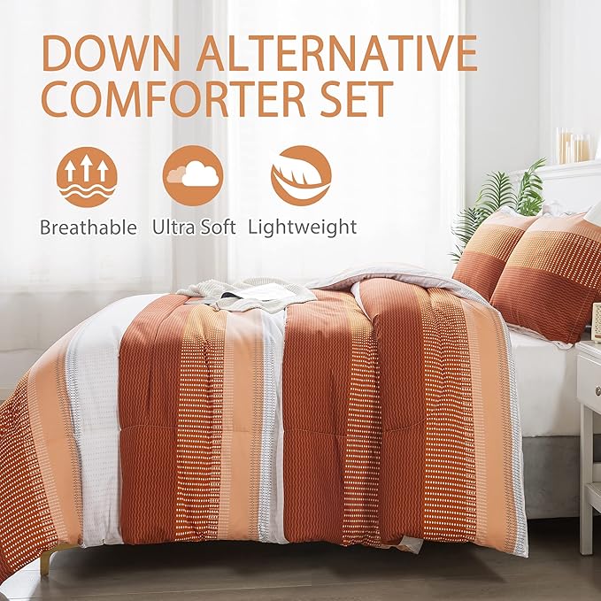 Andency Stripe Comforter Set King Size (104x90 Inch), 3 Pieces Terracotta Patchwork Striped Comforter, Soft Microfiber Down Alternative Comforter Bedding Set with Corner Loops