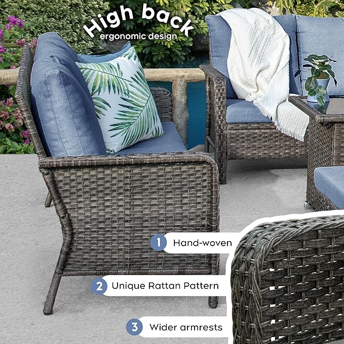 Yechen Patio Conversation Set 10 Seats with 44" Propane Gas Fire Pit Table - 7 Pcs Outdoor Wicker Furniture Set with Lid & Wind Shields - Sectional Sofa Set for Porch,Backyard