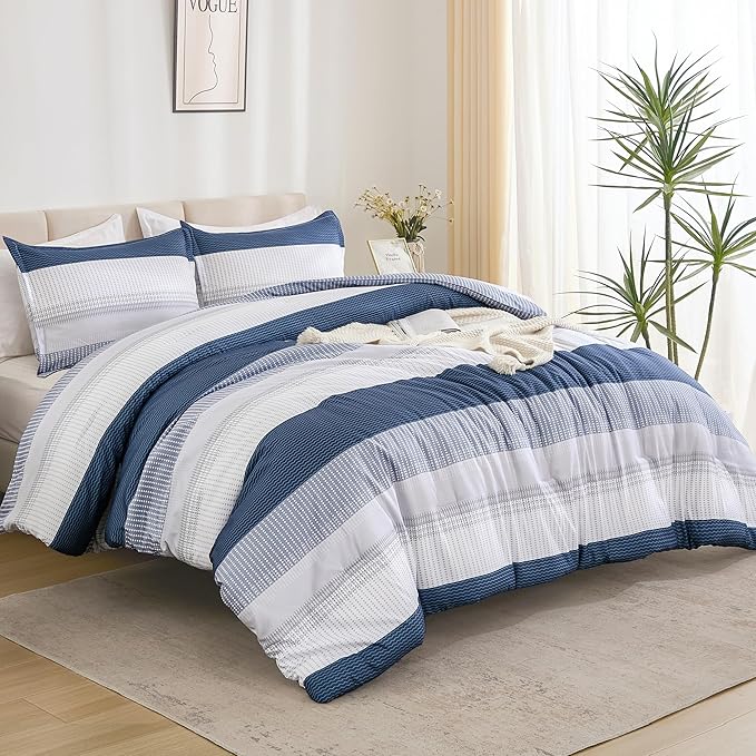 Litanika Mineral Blue Bed Comforter Set Twin/Twin XL Size, 2 Pieces Lightweight Striped Bedding Comforter Set, Soft All Season Down Alternative Comforter (1 Comforter, 1 Pillowcase)