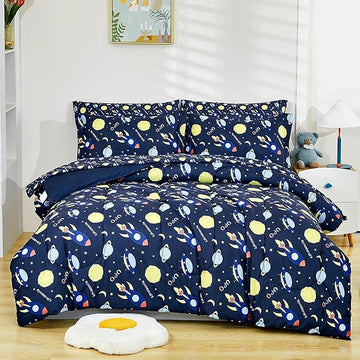 Mooreeke Bed in a Bag for Kids Boys Teens, 5 Pieces Twin Size Comforter Bed Set with Shams, Sheet Set, Space Planet Blue Black Super Soft Microfiber Kids Comforter Bedding Set