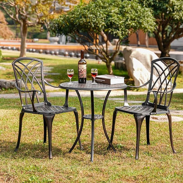 3 Piece Bistro Patio Set Cast Alumiunm Patio Furniture Set,All Weather Bistro Table and Chairs Set of 2 with 1.97" Umbrella Hole,Outdoor Patio Bistro Sets for Garden（Antique Bronze）
