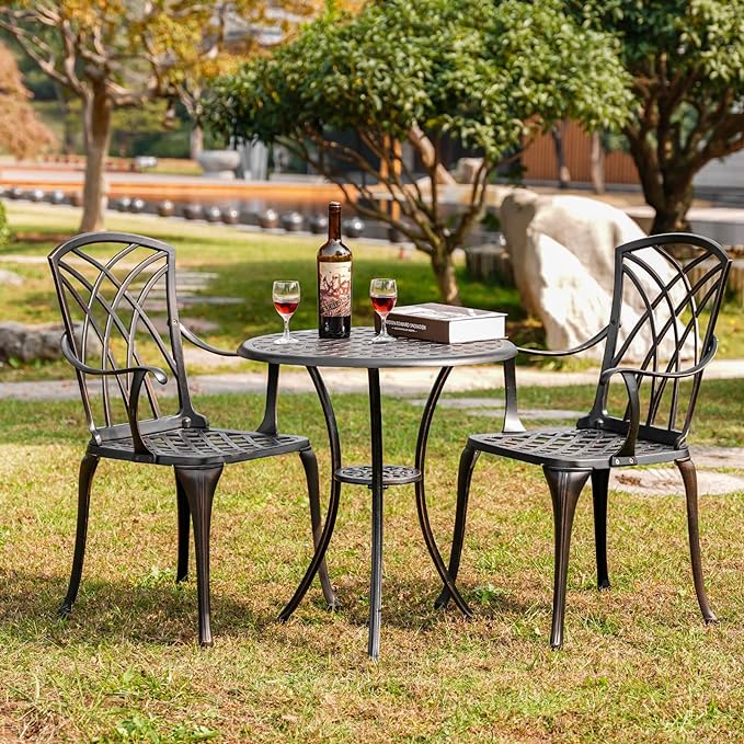 3 Piece Bistro Patio Set Cast Alumiunm Patio Furniture Set,All Weather Bistro Table and Chairs Set of 2 with 1.97" Umbrella Hole,Outdoor Patio Bistro Sets for Garden（Antique Bronze）