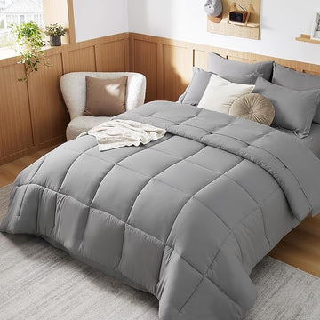 Bedsure Twin Comforter Set - 5 Pieces Solid Twin Bed in a Bag, Twin Bed Set Grey with Quilted Warm Fluffy Comforters, Sheets, Pillowcase & Sham