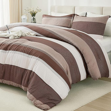 Litanika Brown Comforter Set King - 3 Pieces Lightweight Brown White Colorblock Stripe Fluffy Bedding Comforter Sets, All Season Bed Set