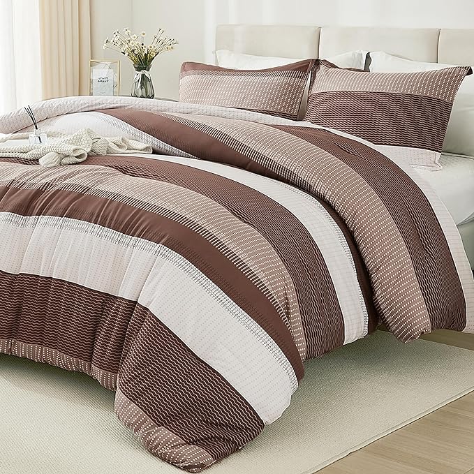 Litanika Brown Comforter Set Queen - 3 Pieces Lightweight Brown White Colorblock Stripe Fluffy Bedding Comforter Sets, All Season Bed Set