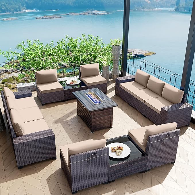 Kullavik 13 Pieces Outdoor Patio Furniture Set with 43" 55000BTU Gas Propane Fire Pit Table PE Wicker Rattan Sectional Sofa Patio Conversation Sets,Sand