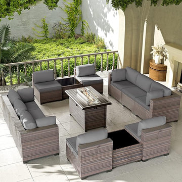 Kullavik 13 Pieces Outdoor Patio Furniture Set with 43" 55000BTU Gas Propane Fire Pit Table PE Wicker Rattan Sectional Sofa Patio Conversation Sets,Grey