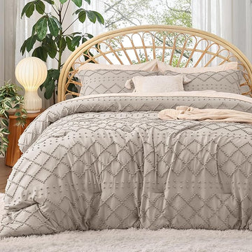 Bedsure California King Comforter Set - Linen Comforter, Boho Tufted Shabby Chic Bedding Comforter Set, 3 Pieces Vintage Farmhouse Bed Set for All Seasons, Fluffy Bedding Set with 2 Pillow Shams