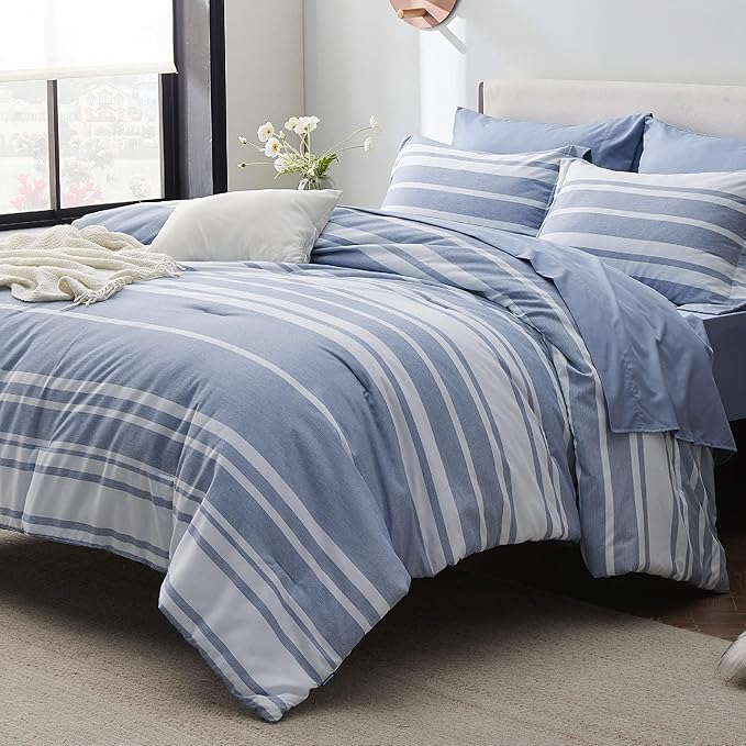 Bedsure Bed in a Bag Queen 7 Pieces - Blue Striped Comforter Set Queen All Season Bed Set, Bed Set Queen Size with 1 Comforter, 1 Flat Sheet, 1 Fitted Sheet, 2 Pillowcases & 2 Shams