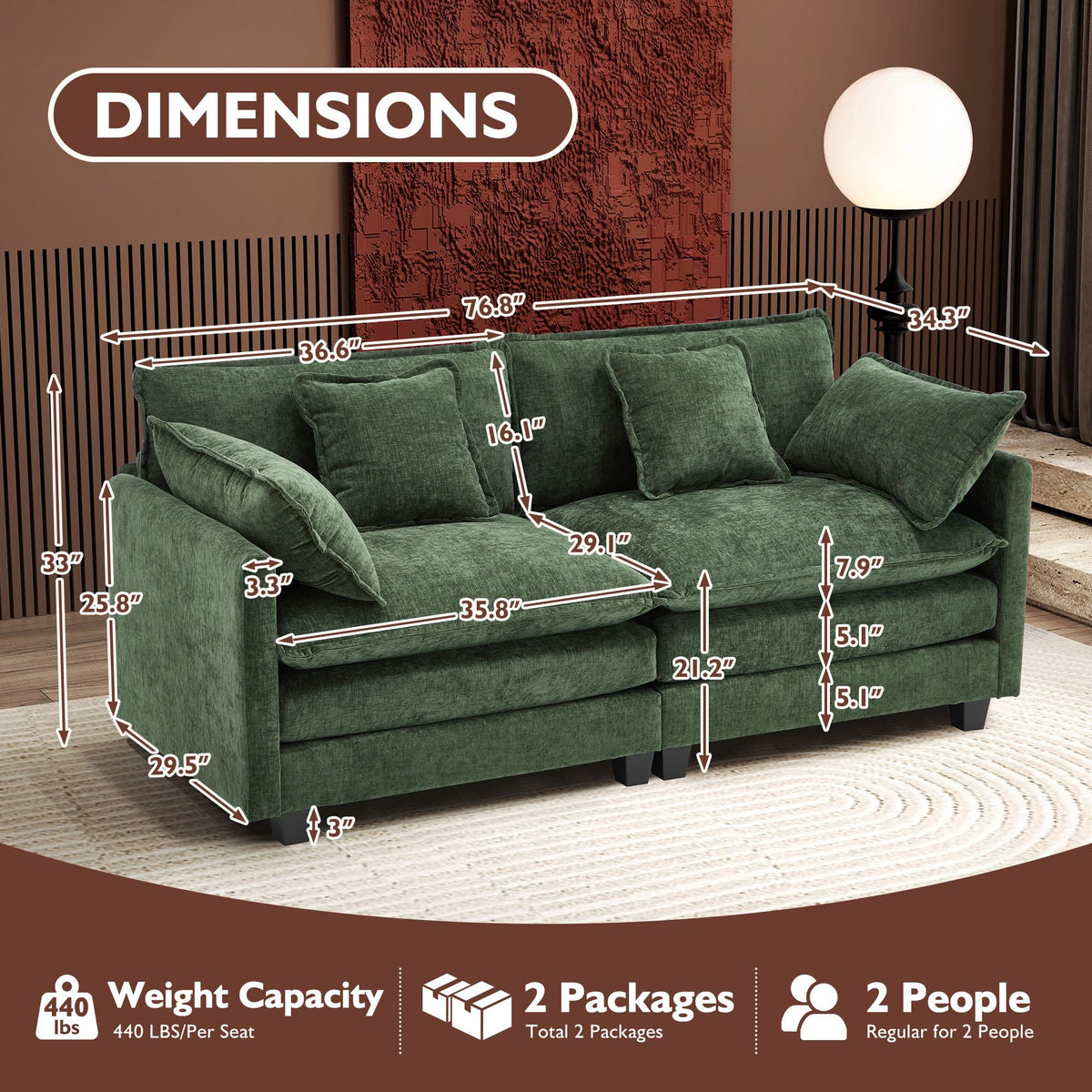 Ihanherry 111.4" L Shaped Modern Sofa Modular Sectional Cloud Couch with Ottoman, 4-Seat Chenille Deep Seat Sofa with Pillow for Living Room, Bedroom and Apartment, Beige