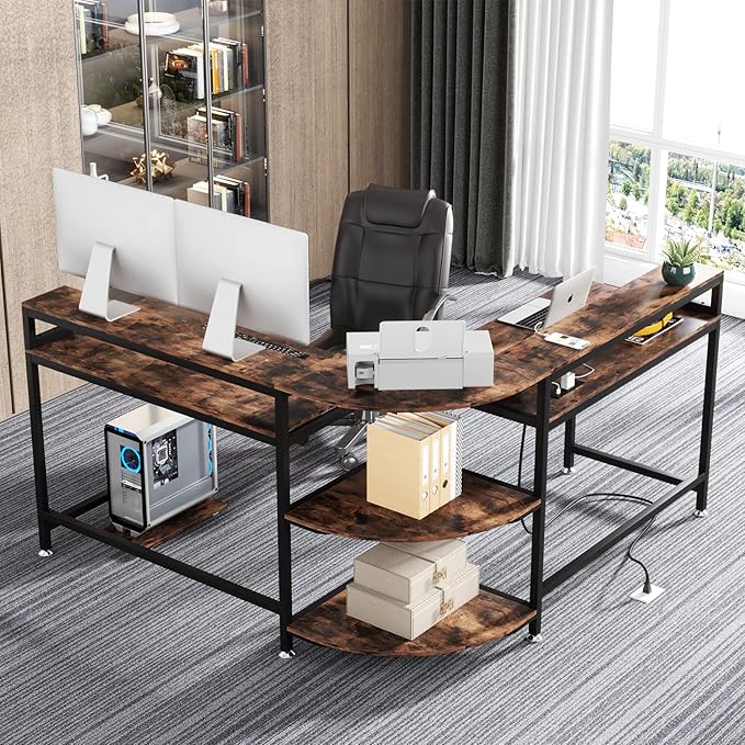 TIYASE L Shaped Desk with Power Outlet and USB Port, 59 in L-Shaped Computer Corner Desk with Storage Shelves, Home Office Desk Workstation with Monitor Stand, Tower Shelf, Rustic Brown