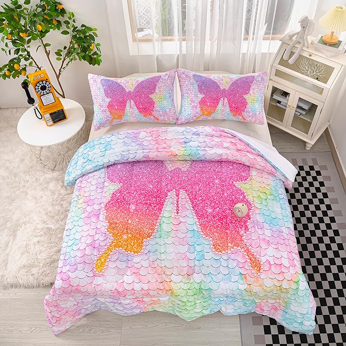 CVHOUSE Butterfly Bedding Set,Butterfly Comforter Twin,Butterfly Comforter Set for Girls Kids Teens,Butterflies Quilt Set with 1 Comforter and 2 Pillow Cases- 3 Piece