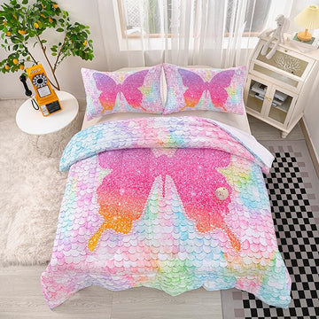 CVHOUSE Butterfly Bedding Set,Butterfly Comforter Queen,Butterfly Comforter Set for Girls Kids Teens,Butterflies Quilt Set with 1 Comforter and 2 Pillow Cases- 3 Piece