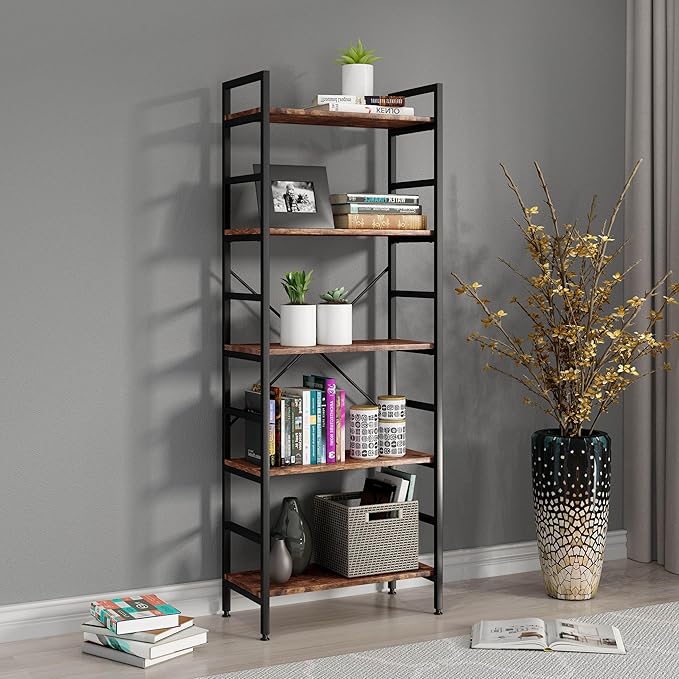 5 Tier Tall BookShelf,Bookcase with Steel Frame,Home Office Modern Bookcase Shelf for Bedroom/Living Room/Home Office - Rustic Brown Storage Rack for Books,Garage Kit, CDs and Movies