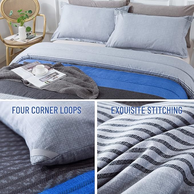 Andency Twin Comforter Set Blue (66x90 Inch), 2 Pieces Patchwork Striped Comforter Bed Sets for Boys, Soft Microfiber Down Alternative Comforter Bedding Set with Corner Loops