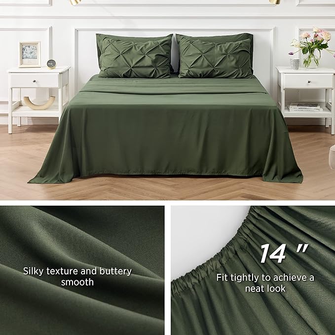 Bedsure California King Comforter Set - Cal King Bed Set 7 Pieces, Pinch Pleat Olive Green Cali King Bedding Set with Comforter, Sheets, Pillowcases & Shams