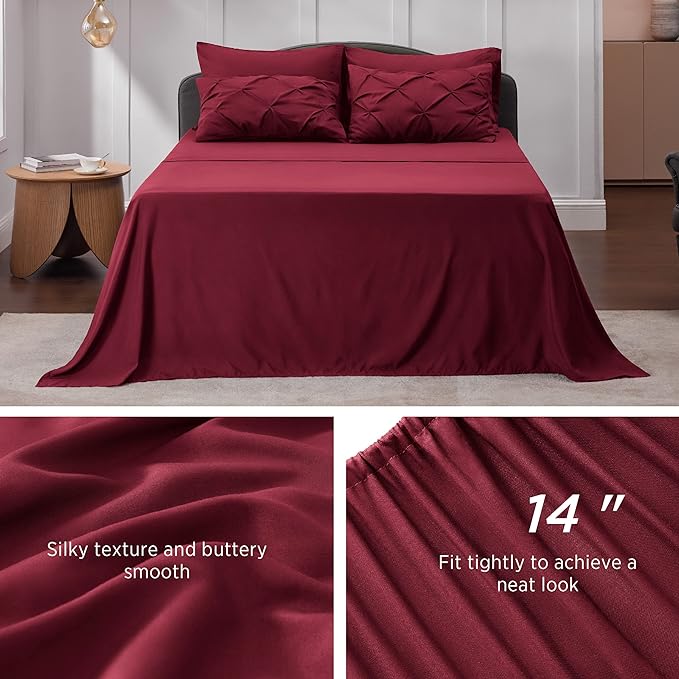 Bedsure Red Comforter Set Queen - Bed in a Bag Queen 7 Pieces, Pintuck Bedding Sets Burgundy Bed Set with Comforter, Sheets, Pillowcases & Shams